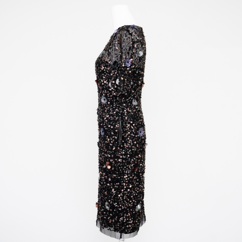 Adrianna Papell | Hand Beaded 3d Floral Illusion Short Sheath Cocktail Dress - Picture 6 of 10